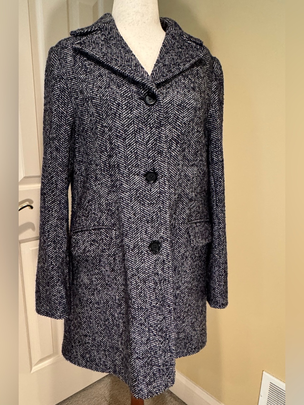 Wool-Blend Herringbone Coat - Navy/Gray